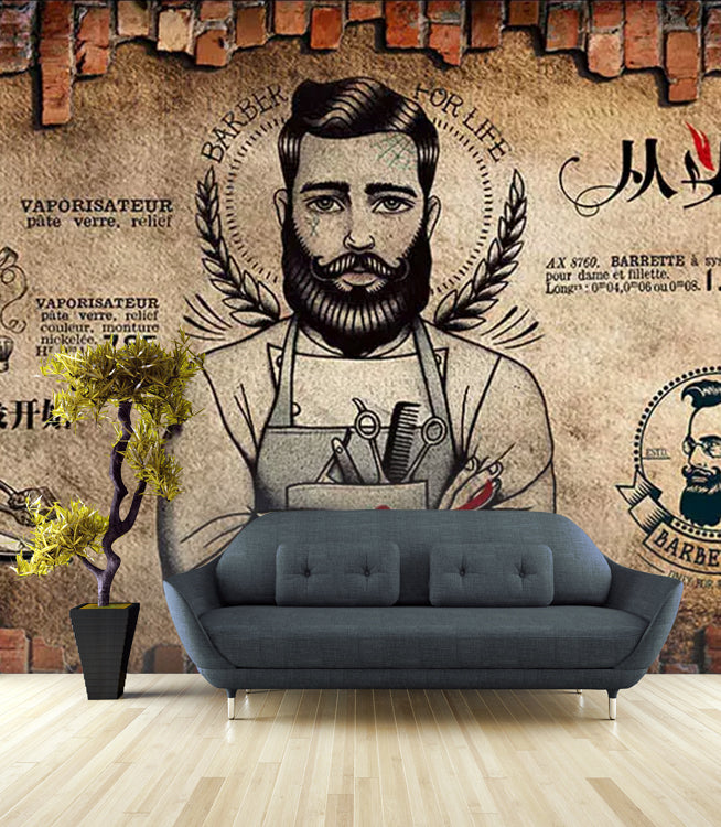 Vintage Barber Shop Wallpaper : Bearded Barber Sketch Mural - View 5