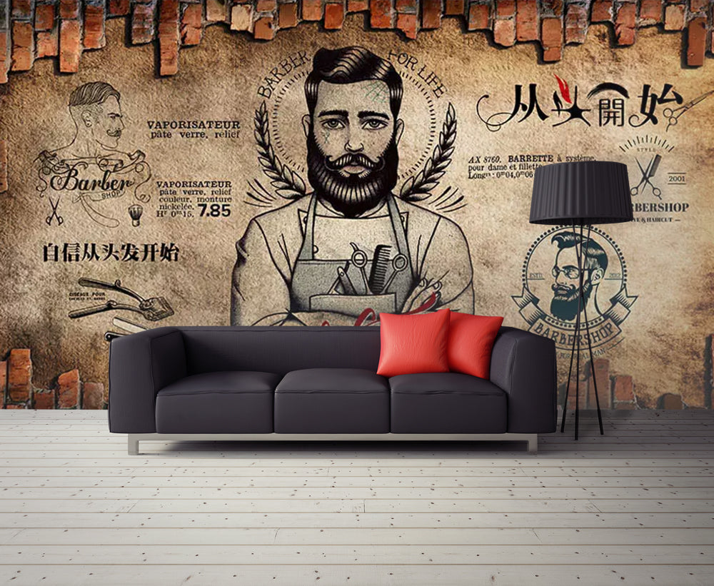 Vintage Barber Shop Wallpaper : Bearded Barber Sketch Mural - View 4