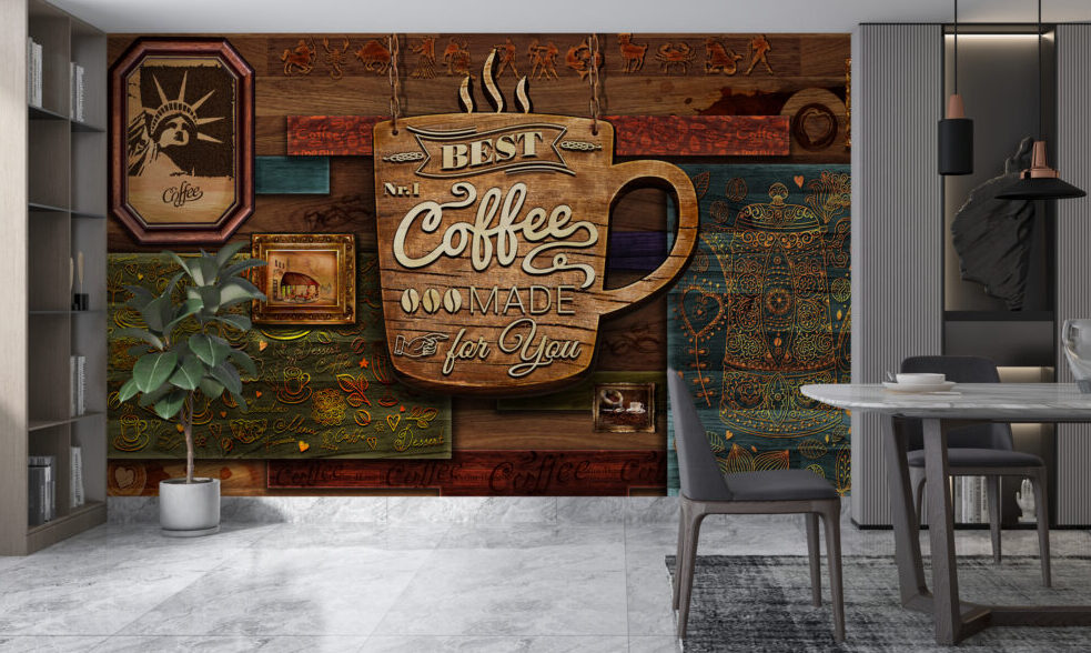 Coffee Sign Wallpaper : Rustic Wood Café Mural - View 3