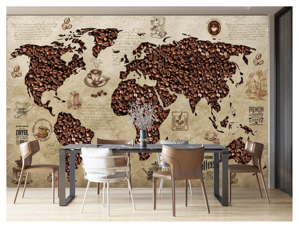 Coffee Bean World Map Wallpaper : Vintage Café Map Mural - View 5