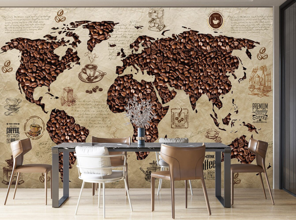 Coffee Map Sketch Wallpaper : Parchment Coffee Beans World Mural - View 2