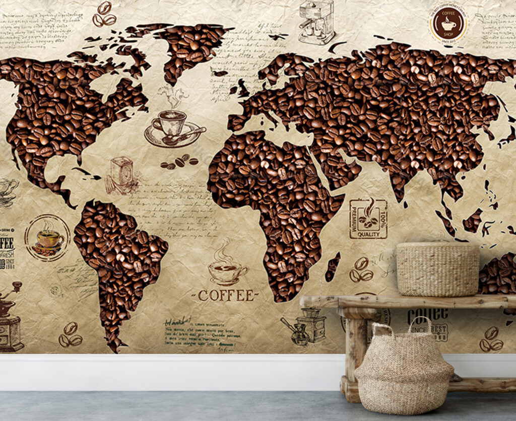 Coffee Bean World Map Wallpaper : Vintage Café Map Mural - View 4