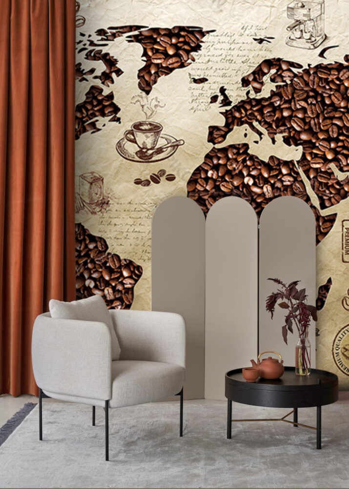 Coffee Bean World Map Wallpaper : Vintage Café Map Mural - View 6