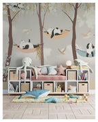 Sleeping Panda Kids Wallpaper : Pastel Tree Birds Mural - View 5