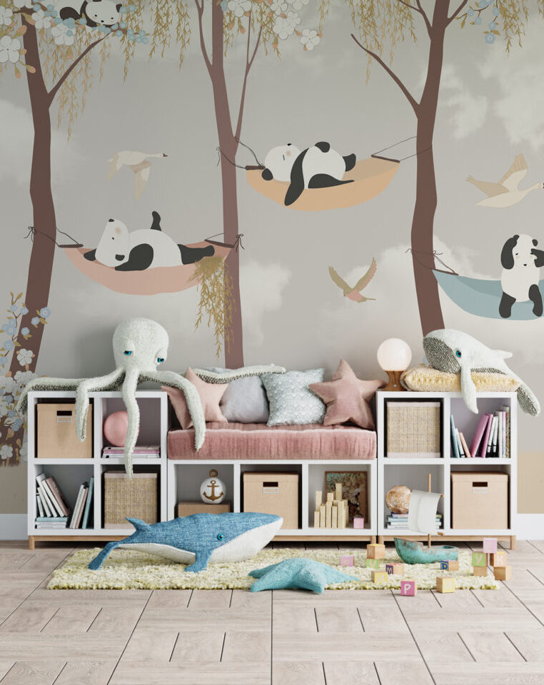Sleeping Panda Kids Wallpaper : Pastel Tree Birds Mural