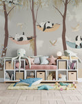Sleeping Panda Kids Wallpaper : Pastel Tree Birds Mural