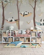 Sleeping Panda Kids Wallpaper : Pastel Tree Birds Mural