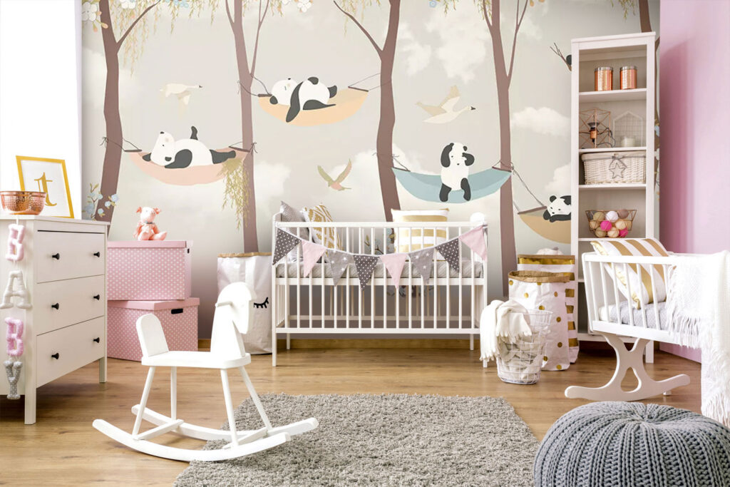 Sleeping Panda Kids Wallpaper : Pastel Tree Birds Mural - View 3