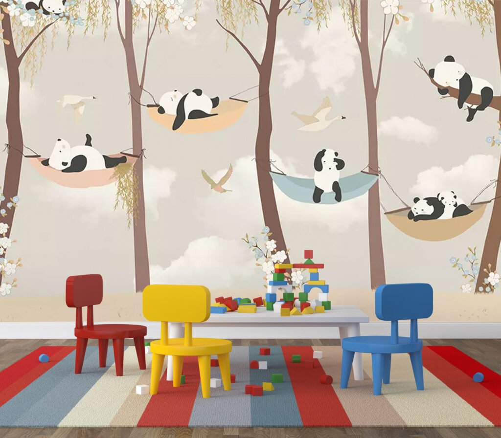 Sleeping Panda Kids Wallpaper : Pastel Tree Birds Mural - View 6