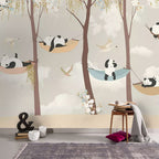 Sleeping Panda Kids Wallpaper : Pastel Tree Birds Mural - View 4
