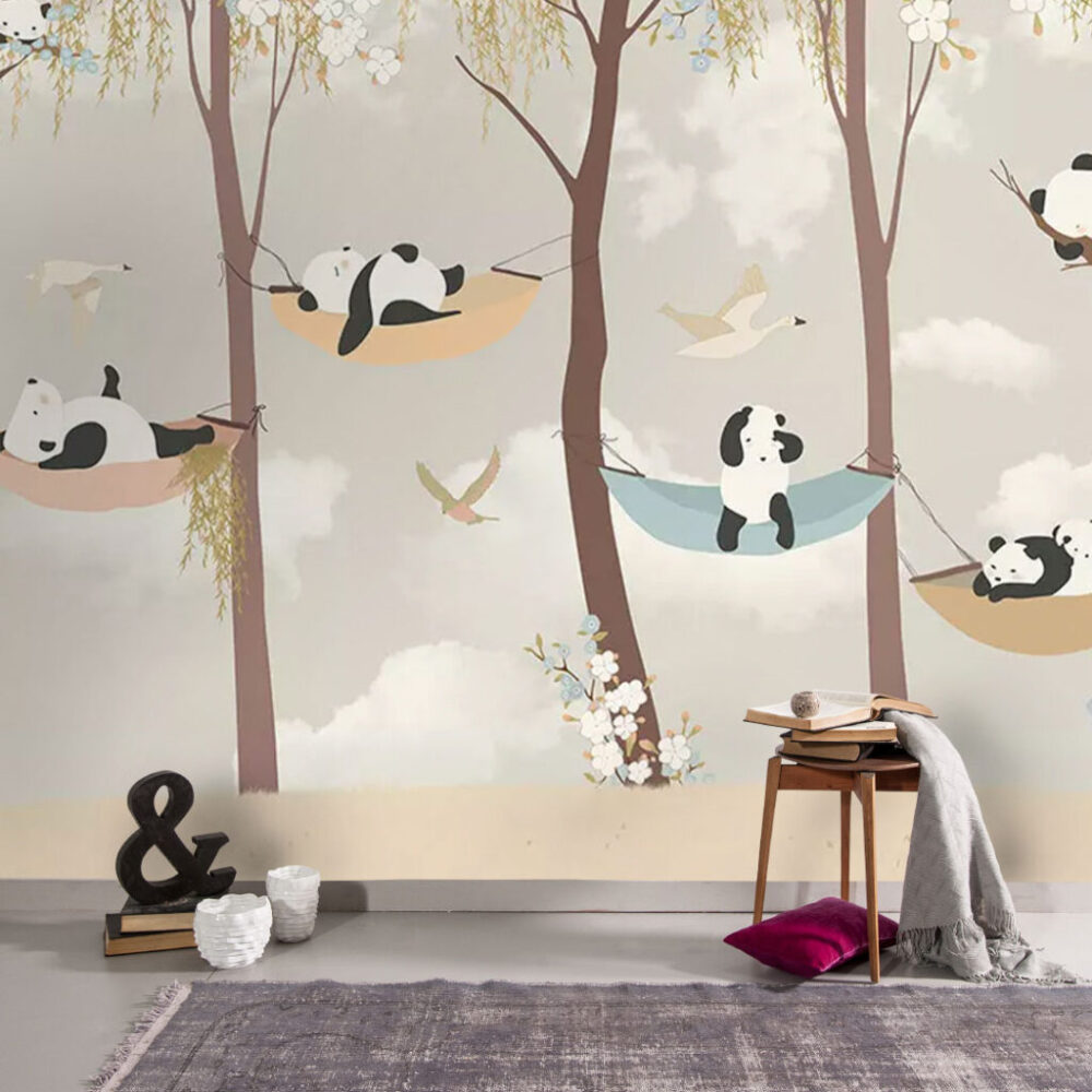 Sleeping Panda Kids Wallpaper : Pastel Tree Birds Mural - View 4