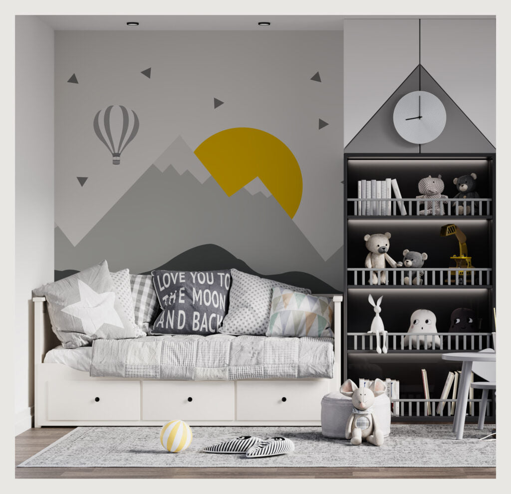 Grey Mountain Sun Kids Wallpaper : Scandi Peaks Mural - View 3