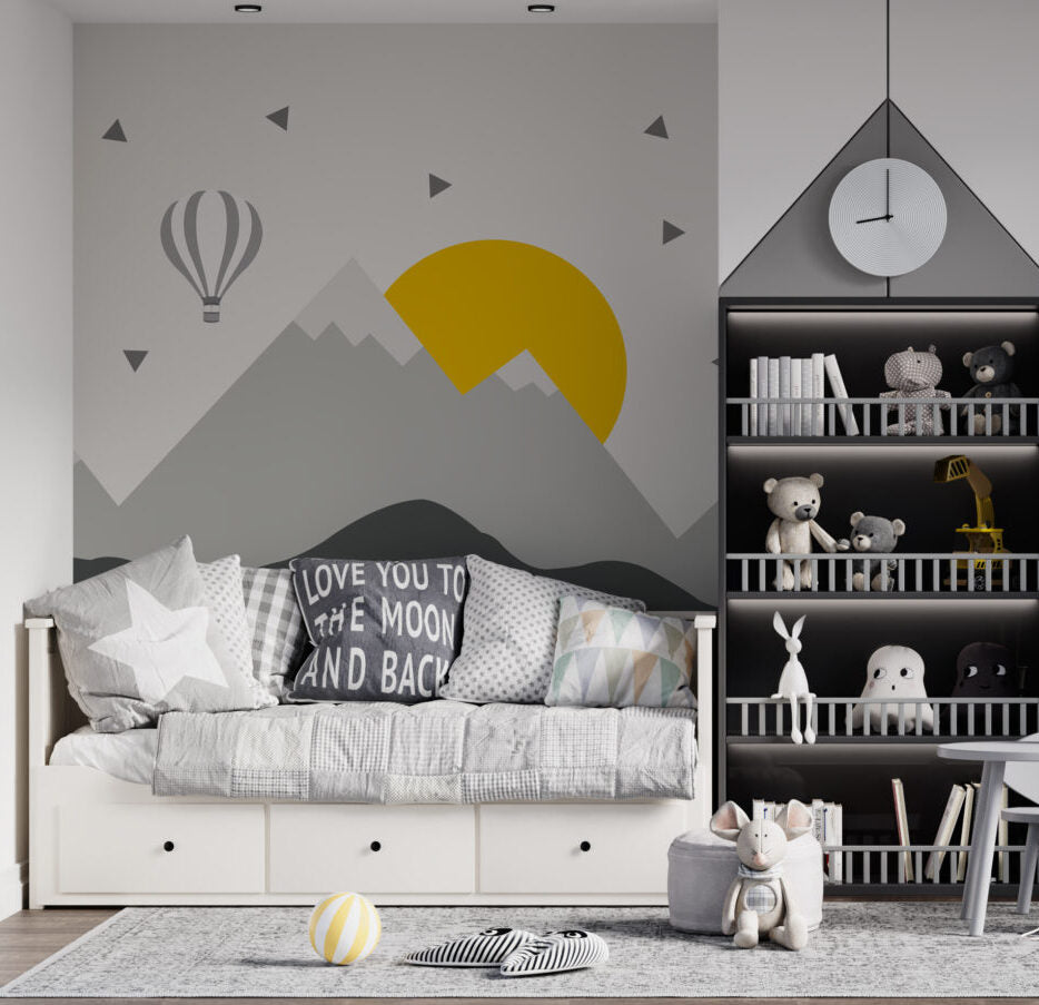 Grey Mountain Sun Kids Wallpaper : Scandi Peaks Mural
