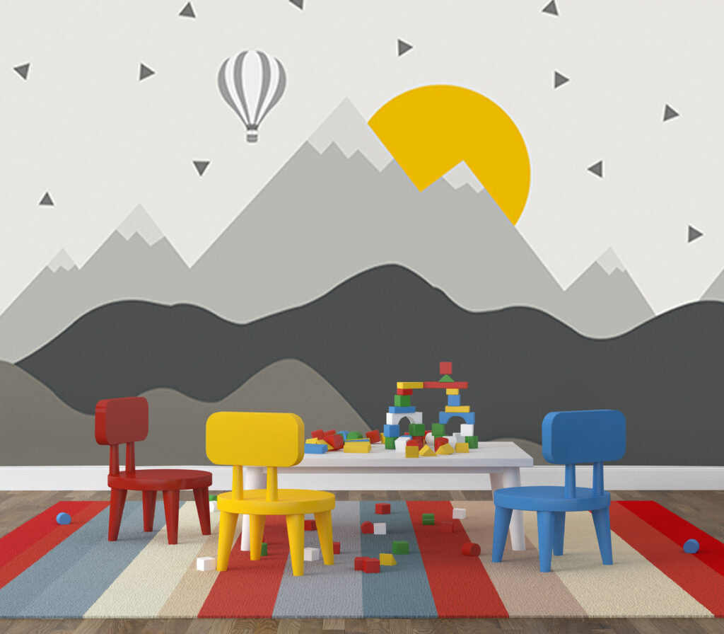 Grey Mountain Sun Kids Wallpaper : Scandi Peaks Mural - View 6