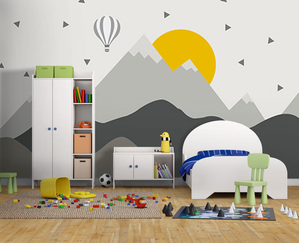 Grey Mountain Sun Kids Wallpaper : Scandi Peaks Mural - View 4