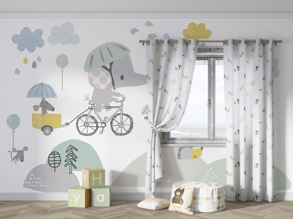 Elephant on Bicycle Kids Wallpaper : Pastel Animals Mural