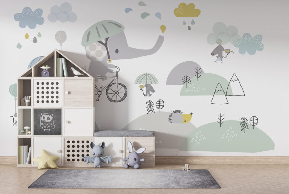 Elephant on Bicycle Kids Wallpaper : Pastel Animals Mural - View 3