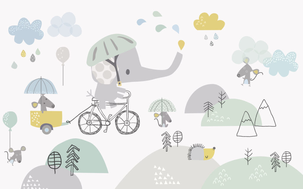 Elephant on Bicycle Kids Wallpaper : Pastel Animals Mural - View 2