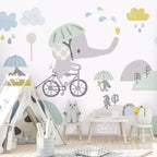 Elephant on Bicycle Kids Wallpaper : Pastel Animals Mural - View 6