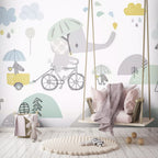 Elephant on Bicycle Kids Wallpaper : Pastel Animals Mural - View 5