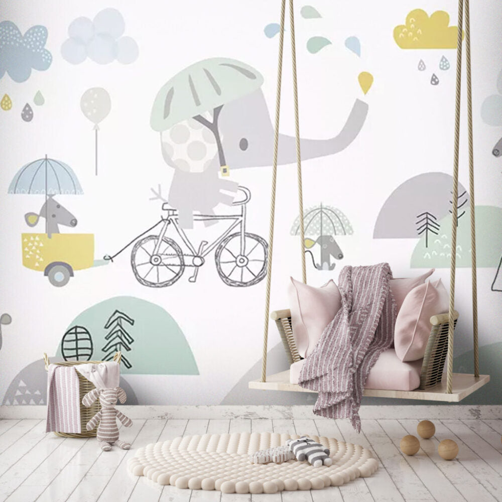 Elephant on Bicycle Kids Wallpaper : Pastel Animals Mural - View 5