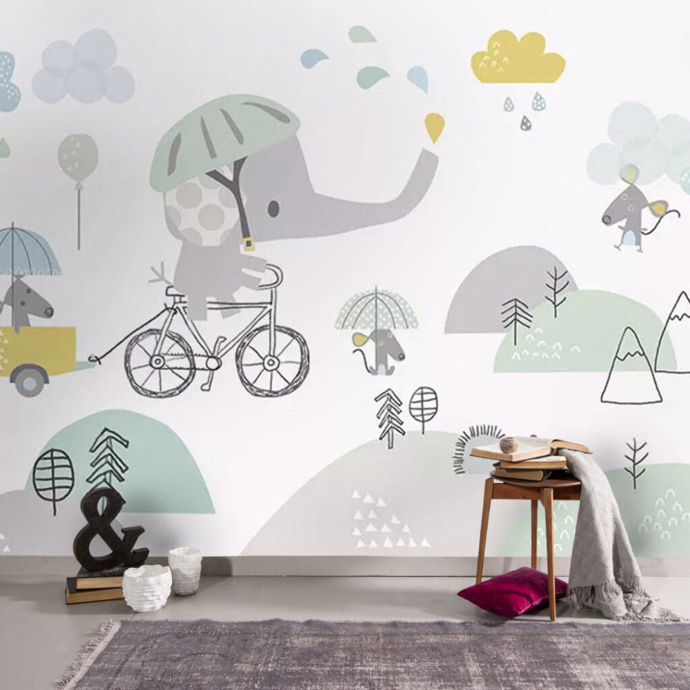 Elephant on Bicycle Kids Wallpaper : Pastel Animals Mural - View 4