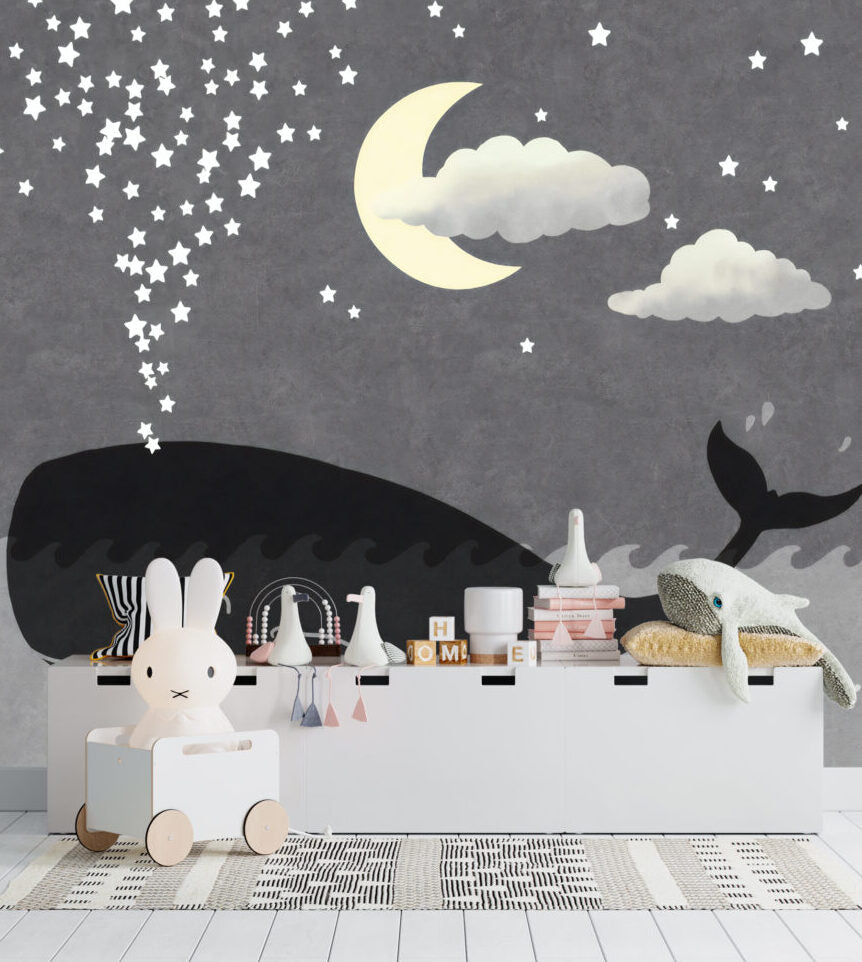 Whale and Moon Kids Wallpaper : Grey Night Sky Mural