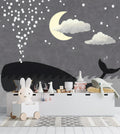 Whale and Moon Kids Wallpaper : Grey Night Sky Mural