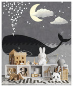 Whale and Moon Kids Wallpaper : Grey Night Sky Mural - View 6