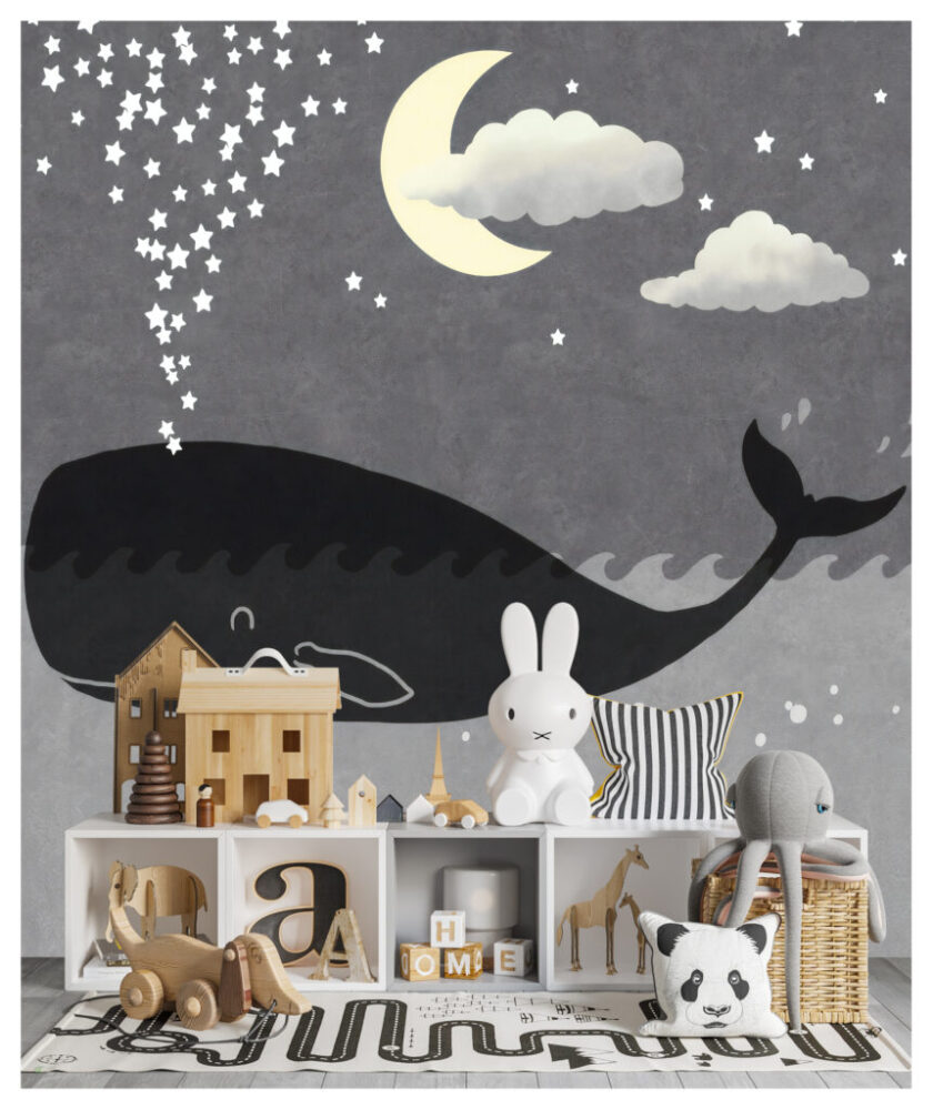 Whale and Moon Kids Wallpaper : Grey Night Sky Mural - View 6