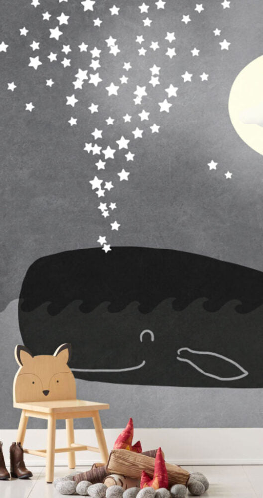 Whale and Moon Kids Wallpaper : Grey Night Sky Mural - View 5