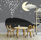 Whale and Moon Kids Wallpaper : Grey Night Sky Mural - View 3