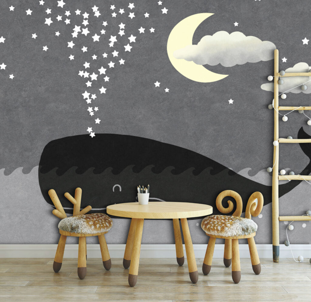 Whale and Moon Kids Wallpaper : Grey Night Sky Mural - View 3