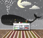 Whale and Moon Kids Wallpaper : Grey Night Sky Mural - View 4