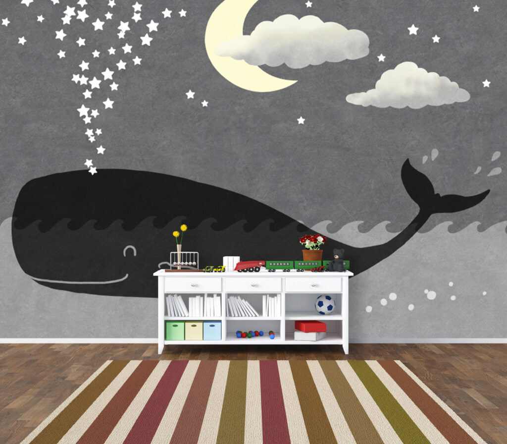 Whale and Moon Kids Wallpaper : Grey Night Sky Mural - View 4
