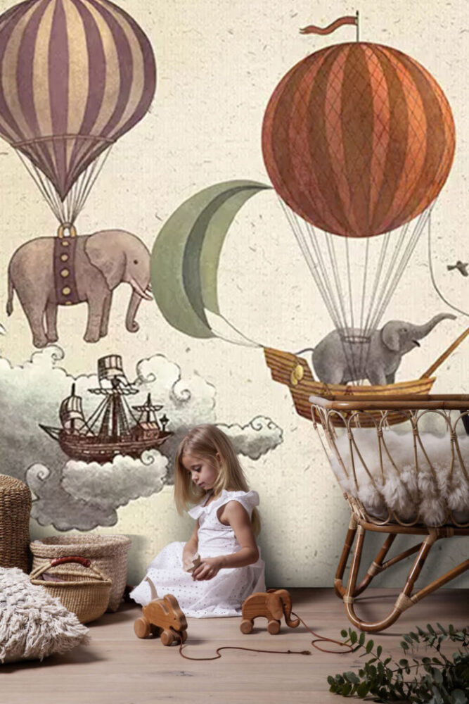 Flying Elephants Wallpaper : Vintage Hot Air Balloon Kids Mural - View 5