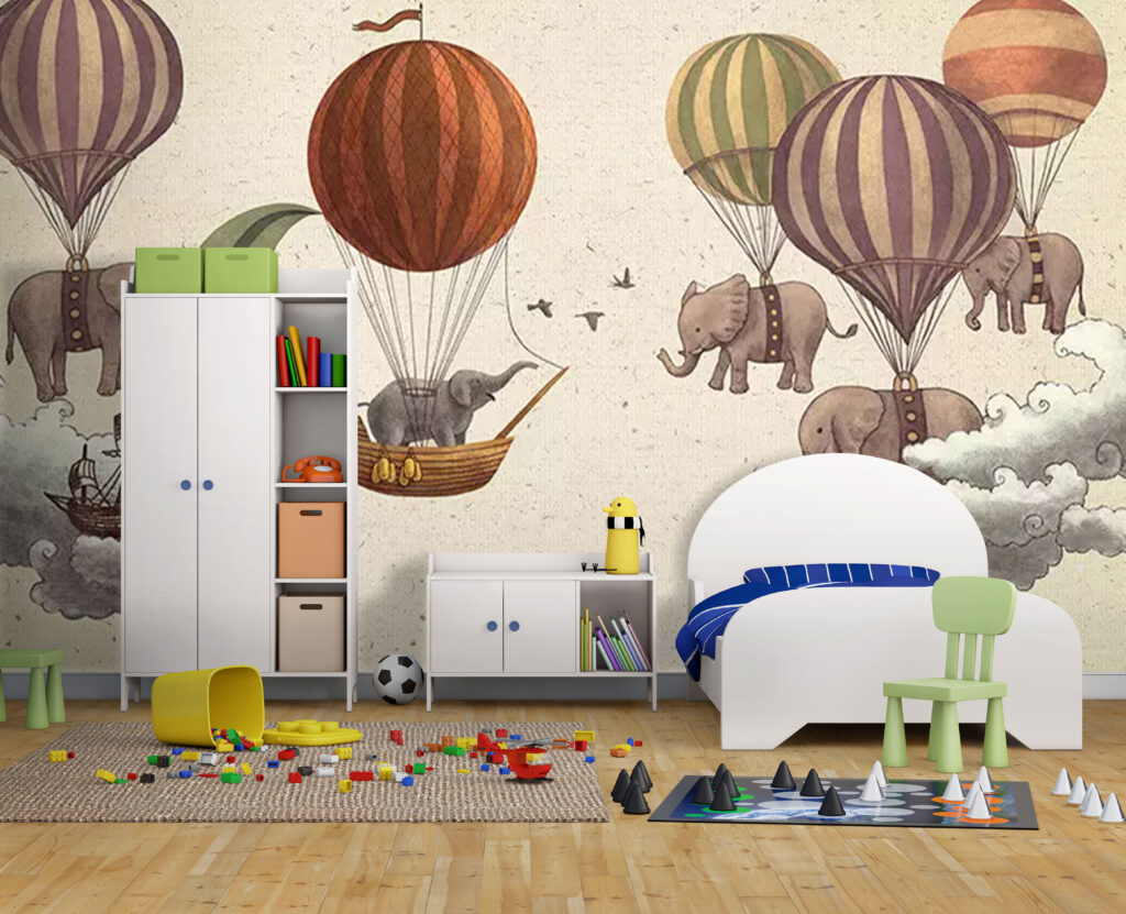 Flying Elephants Wallpaper : Vintage Hot Air Balloon Kids Mural - View 2