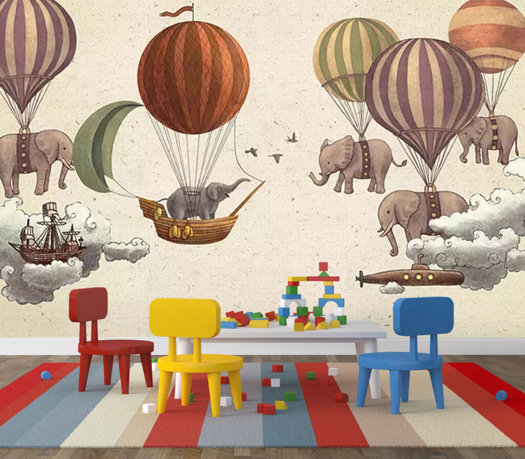 Flying Elephants Wallpaper : Vintage Hot Air Balloon Kids Mural - View 4