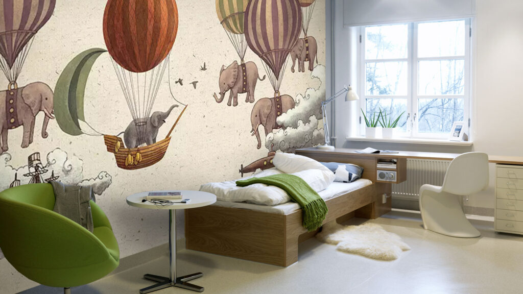 Flying Elephants Wallpaper : Vintage Hot Air Balloon Kids Mural - View 3