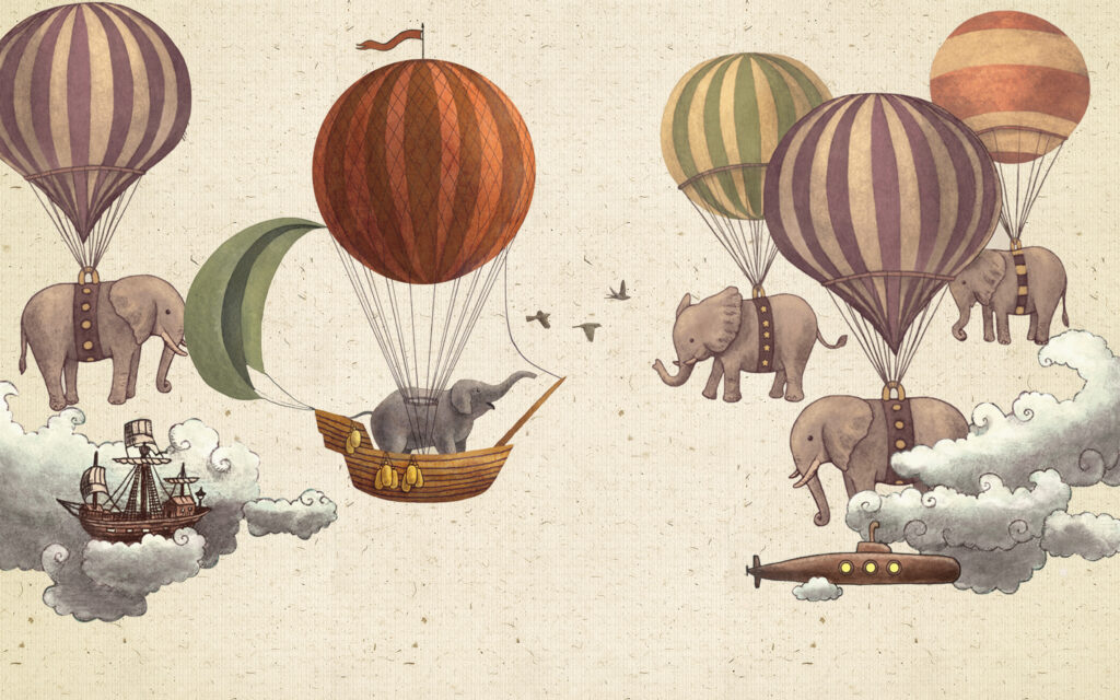 Flying Elephants Wallpaper : Vintage Hot Air Balloon Kids Mural - flat design
