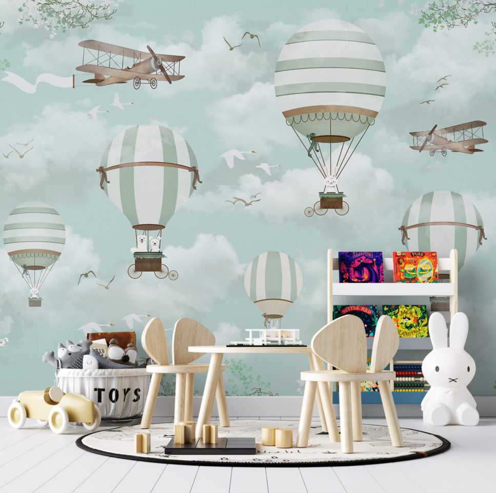 Mint Hot Air Balloons Wallpaper : Clouds and Vintage Planes Kids Mural
