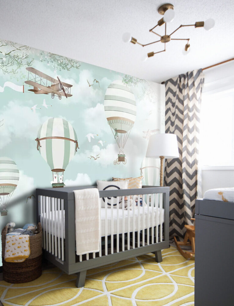 Mint Hot Air Balloons Wallpaper : Clouds and Vintage Planes Kids Mural - View 5