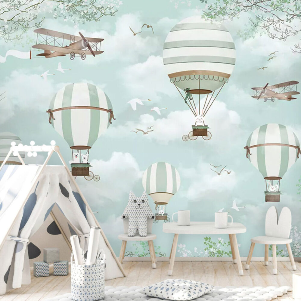 Mint Hot Air Balloons Wallpaper : Clouds and Vintage Planes Kids Mural - View 4