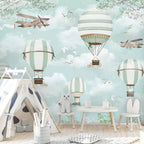 Mint Hot Air Balloons Wallpaper : Clouds and Vintage Planes Kids Mural - View 4