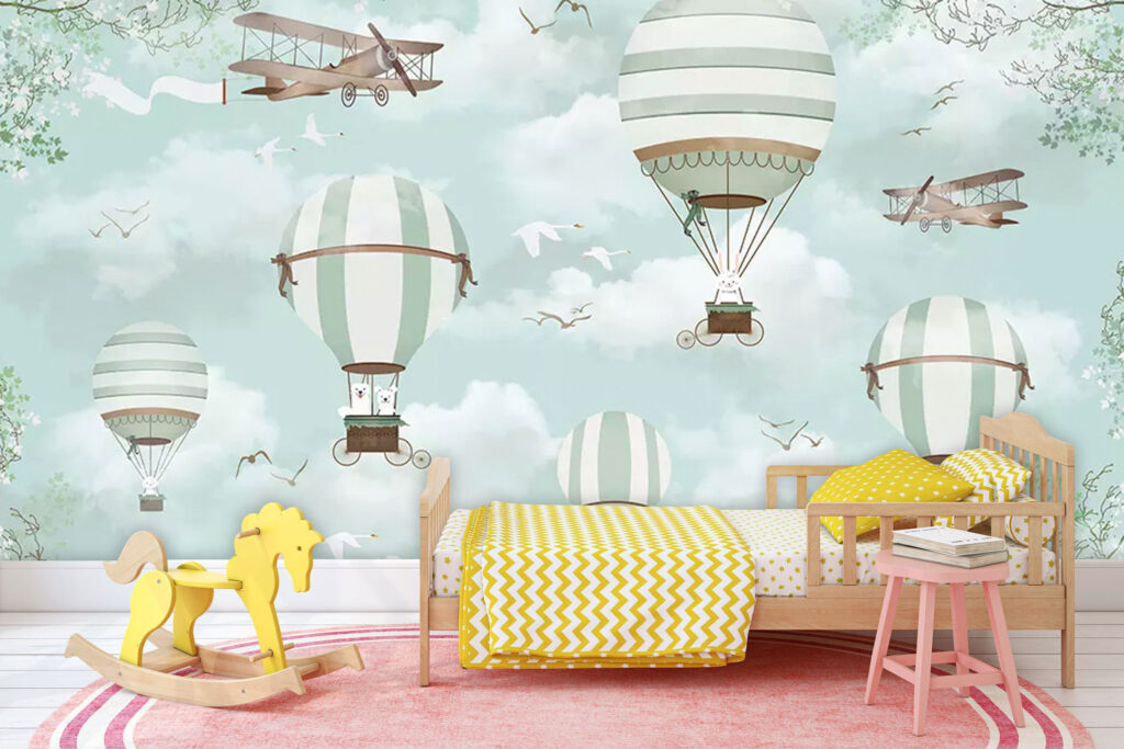 Mint Hot Air Balloons Wallpaper : Clouds and Vintage Planes Kids Mural - View 2
