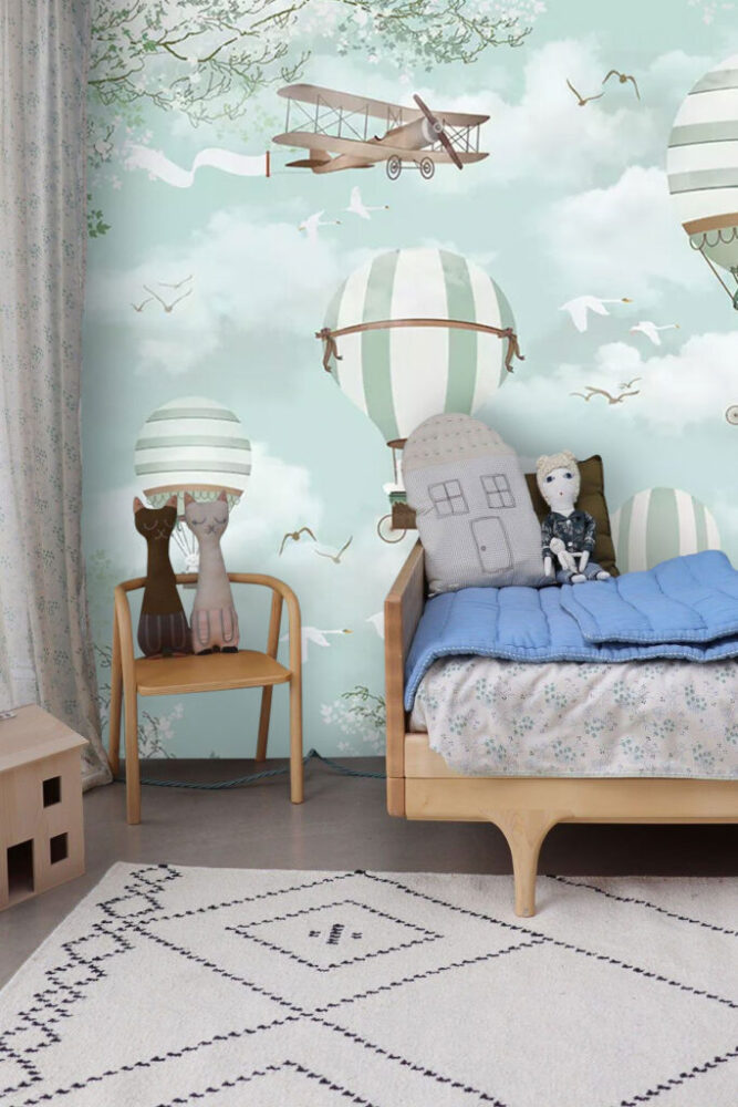 Mint Hot Air Balloons Wallpaper : Clouds and Vintage Planes Kids Mural - View 3