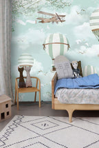 Mint Hot Air Balloons Wallpaper : Clouds and Vintage Planes Kids Mural - View 3
