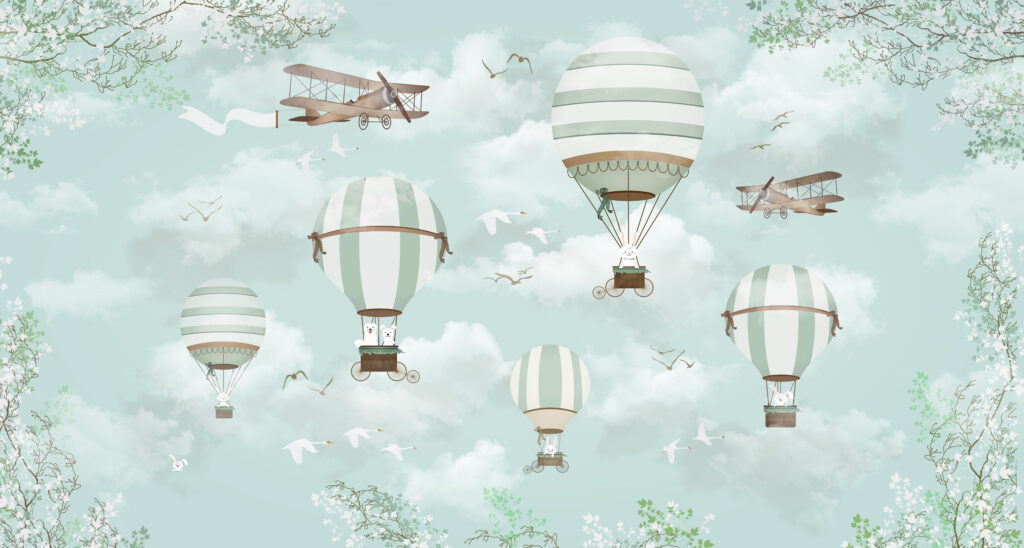Mint Hot Air Balloons Wallpaper : Clouds and Vintage Planes Kids Mural - flat design