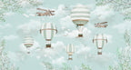 Mint Hot Air Balloons Wallpaper : Clouds and Vintage Planes Kids Mural - flat design