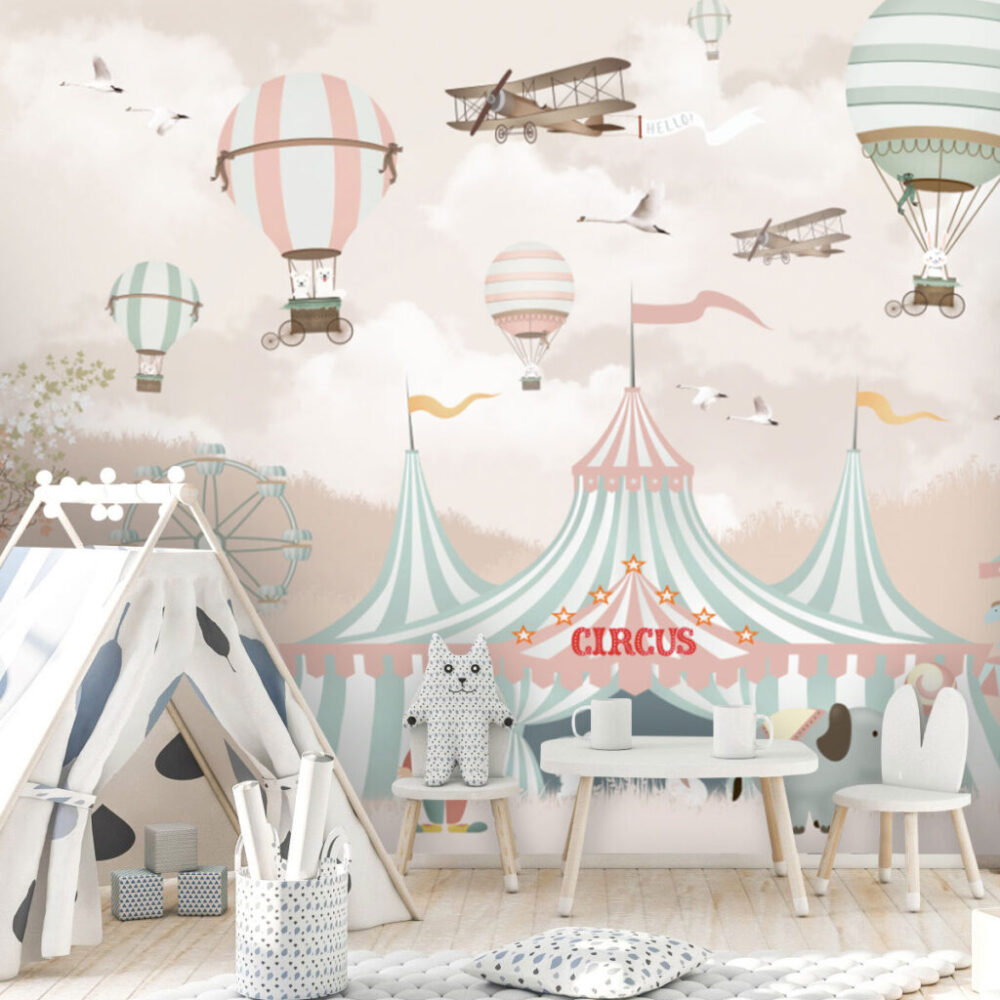 Pastel Circus Wallpaper : Carnival Tents and Balloons Kids Mural - View 3
